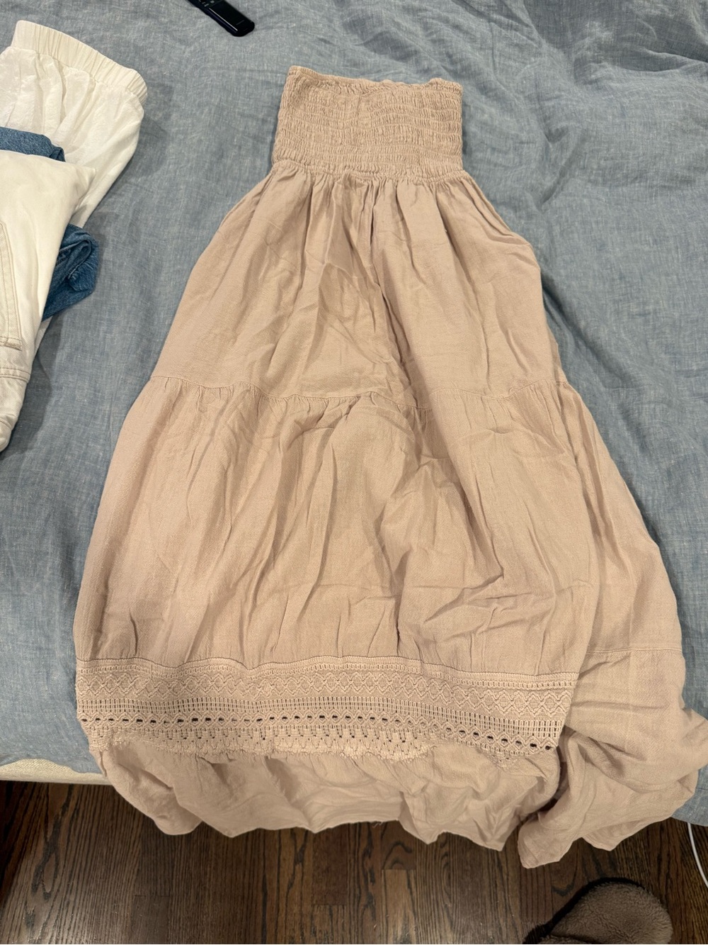 Strapless Smocked Maxi Dress in Light Beige